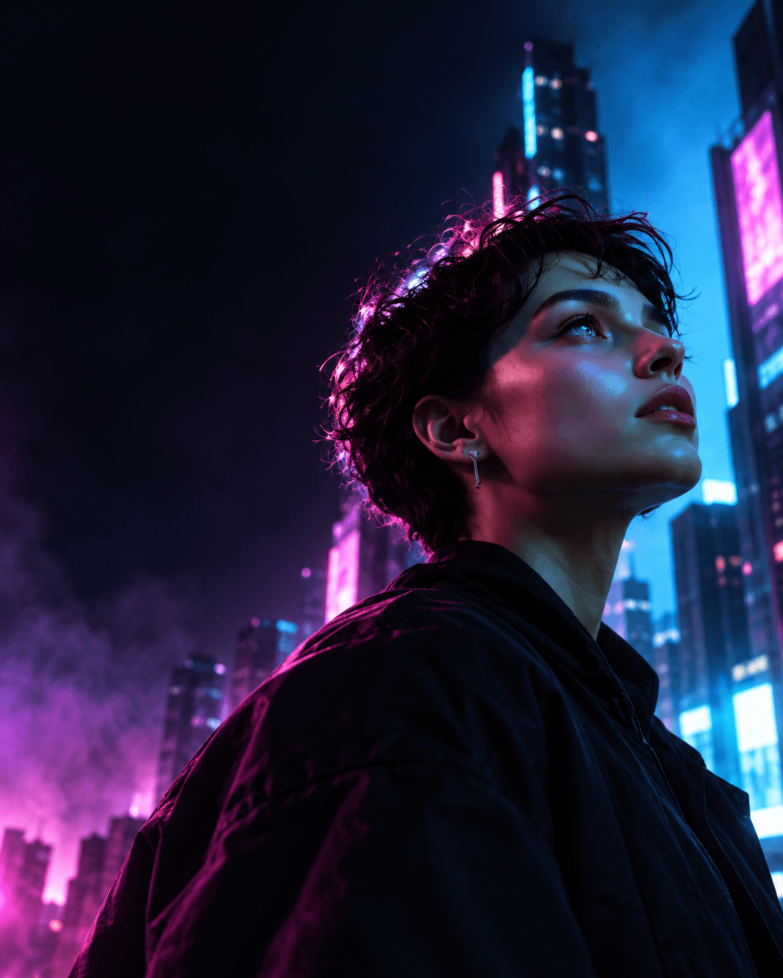 Une entrepreneure regarde vers le haut, éclairée par les néons bleus et magenta d'une ville la nuit.